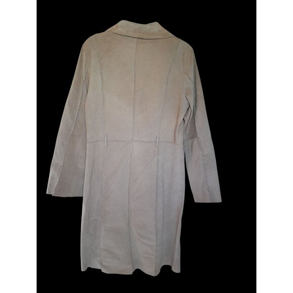 Womens Sz Large Genuine Suede Mid Length Western Trench Coat Pockets Light Tan - Picture 10 of 13